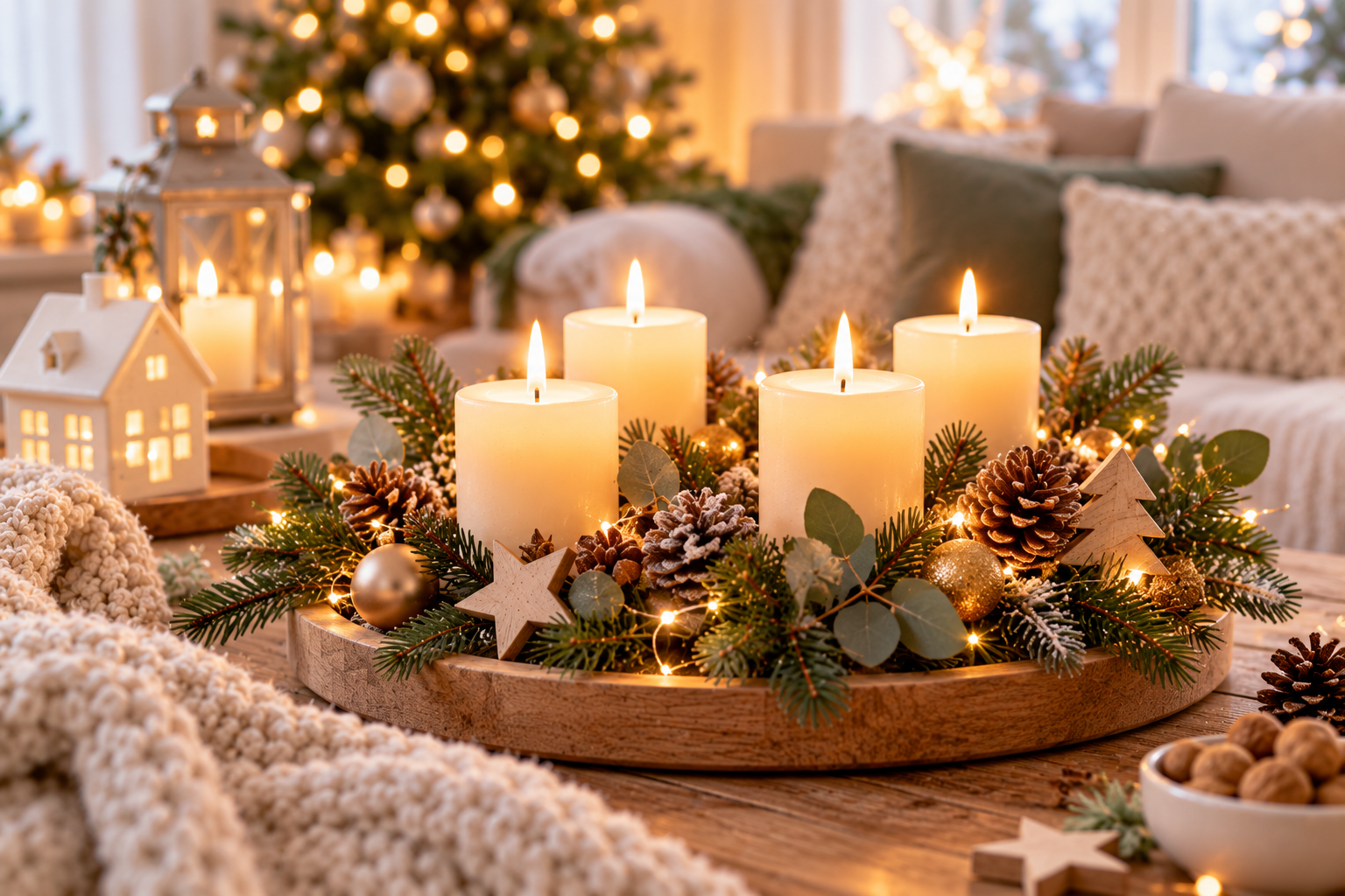 Moderner Adventskranz mit vier cremefarbenen Kerzen, Tannengrün, Zapfen und goldener Weihnachtsdekoration.
