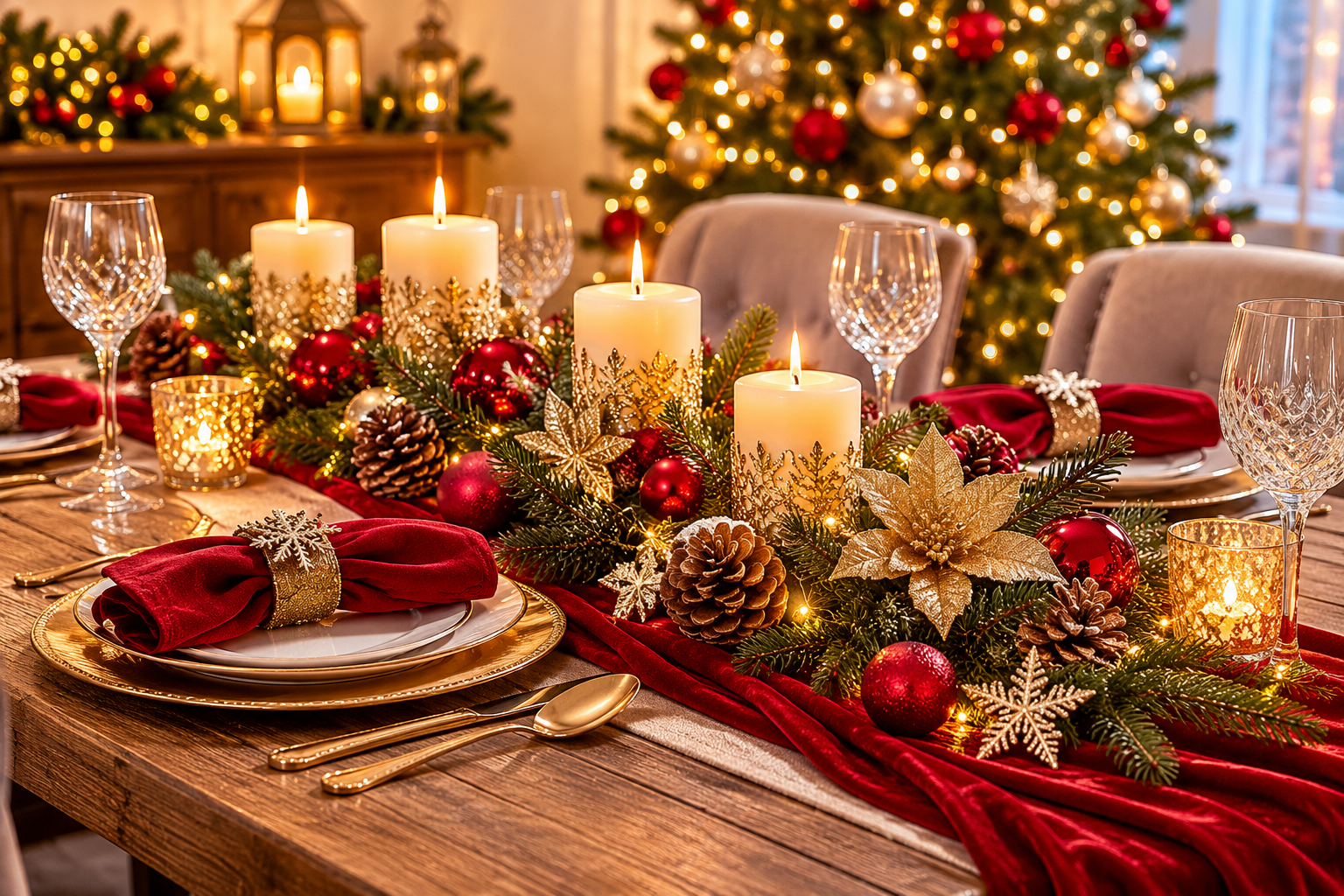 Klassisch gedeckter Weihnachtstisch mit roter und goldener Dekoration, Kerzen und festlicher Tischdecke.