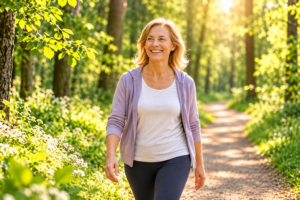 Glückliche Frau über 40 beim Spaziergang im Grünen – Bewegung ohne Fitnessstudio.
