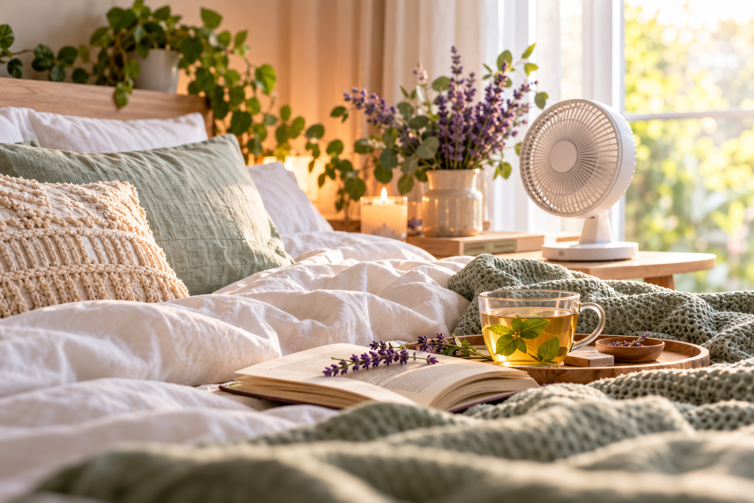 Gemütliches Schlafzimmer mit leichter Bettwäsche, Lavendel und Ventilator für angenehme Nächte in den Wechseljahren.