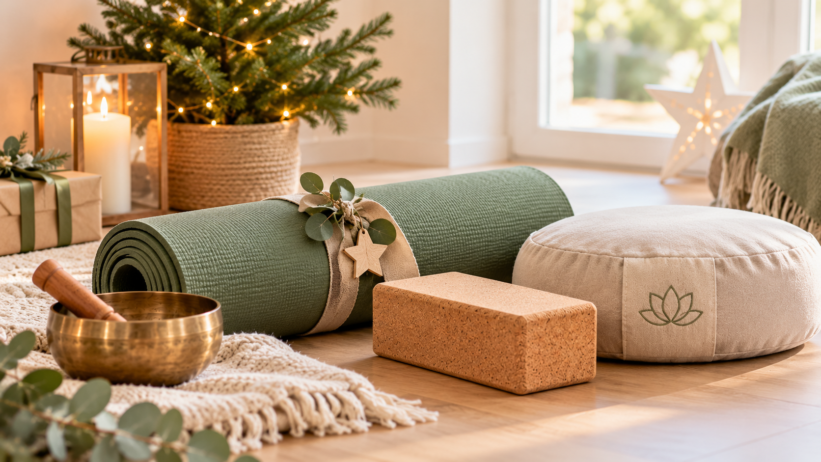 Weihnachtsgeschenke für Yogafans mit grüner Yogamatte, beigem Meditationskissen, Yogablock und Klangschale.