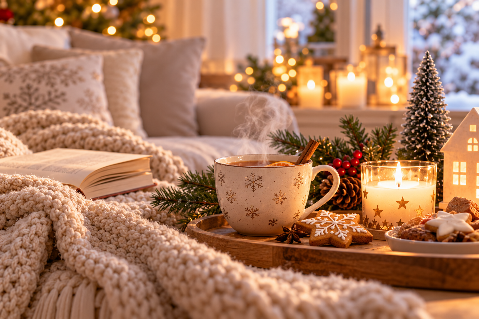 Gemütliche Adventsauszeit mit heißem Tee, Kerze, Kuscheldecke und Weihnachtsdekoration.