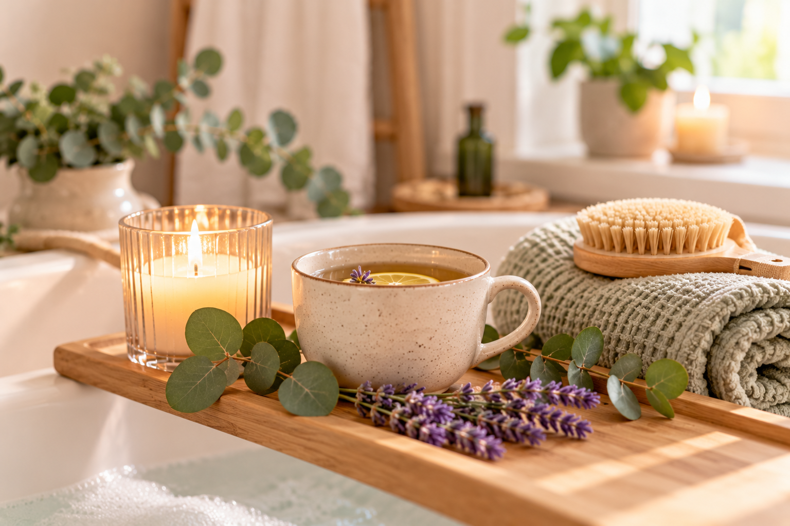Wellness zu Hause mit Kerze, Tee, Lavendel und weichen Handtüchern für eine entspannte Auszeit.
